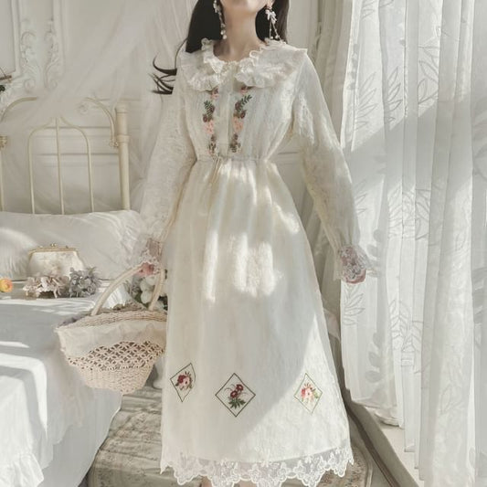 Long-Sleeve Collared Flower Embroidered Lace Trim Midi A-Line Dress mySite