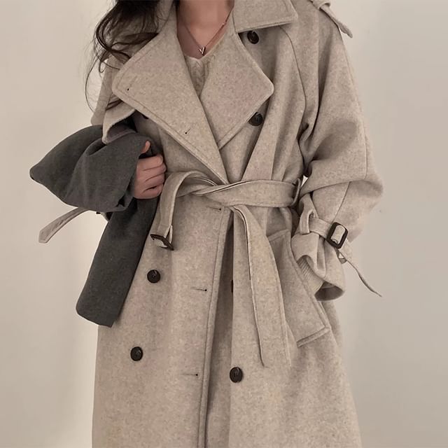 Plain Tie Waist Midi Double-Breasted Coat SpreePicky