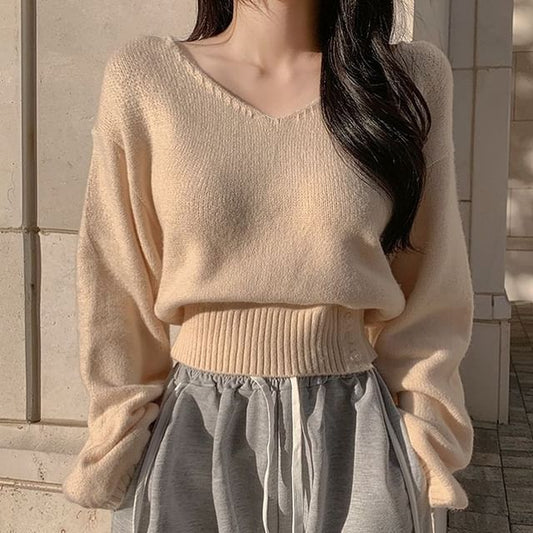 V-Neck Plain Cropped Sweater SpreePicky