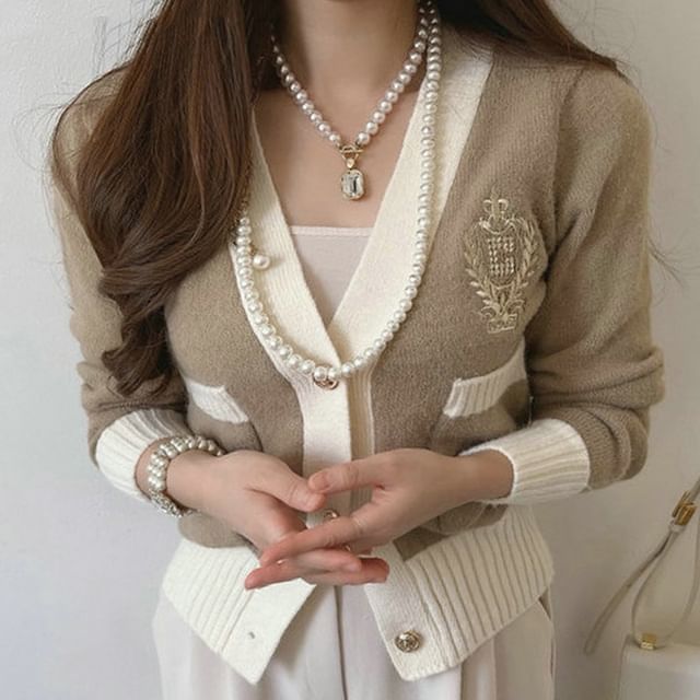 Contrast Trim Embroidered Cardigan SpreePicky