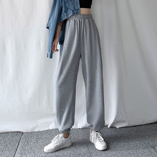 High Waist Plain Straight-Fit Wide-Leg Sweatpants SpreePicky