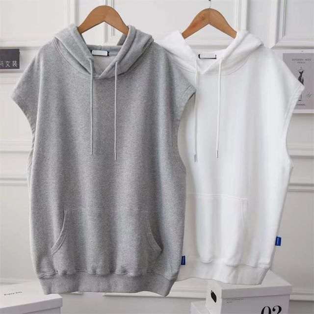 Sleeveless Hoodie Plain FashionChic