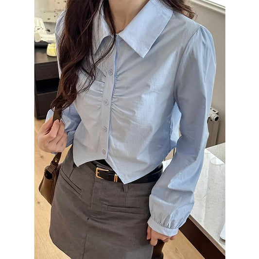 Collared Plain Ruched Shirt SpreePicky