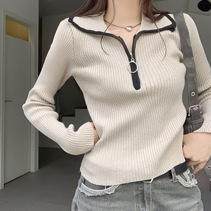 Contrast Trim Half Zip Knit Top SpreePicky