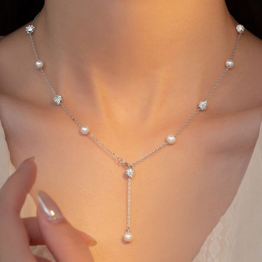 Faux Pearl Rhinestone Sterling Silver Necklace SpreePicky