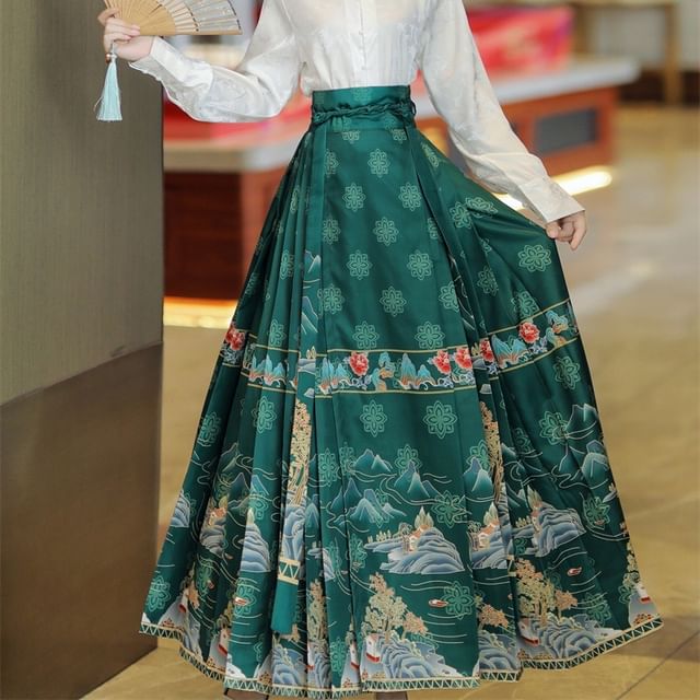 High Waist Mountain Print Maxi Ma Mian Skirt / Floral Shirt / Set SpreePicky