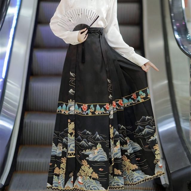 High Waist Mountain Print Maxi Ma Mian Skirt / Floral Shirt / Set SpreePicky