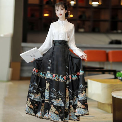 High Waist Mountain Print Maxi Ma Mian Skirt / Floral Shirt / Set SpreePicky