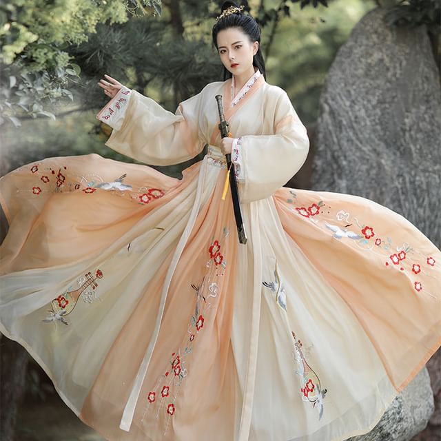 Flower Embroidered Hanfu Top / High Waist Maxi Skirt / Long SpreePicky