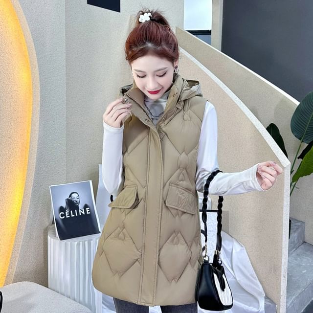 Hooded Plain Zip-Up Padded Long Vest SpreePicky