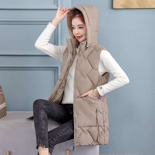 Hooded Padded Zip-Up Long Vest SpreePicky