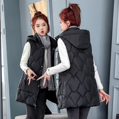 Hooded Padded Zip-Up Long Vest SpreePicky