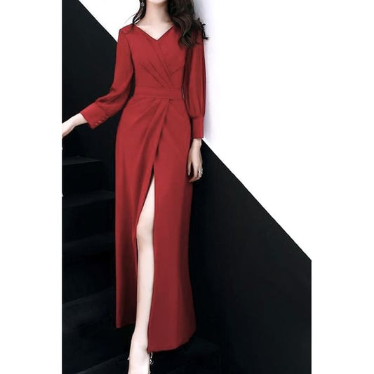 Long-Sleeve V-Neck Plain Ruched Slit Maxi Sheath Dress SpreePicky