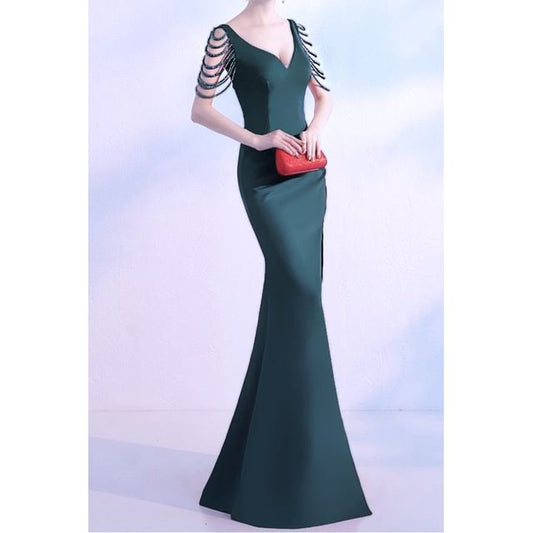 Sleeveless V-Neck Plain Beaded Slit Trumpet Evening Gown SpreePicky