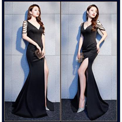 Sleeveless V-Neck Plain Beaded Slit Trumpet Evening Gown SpreePicky