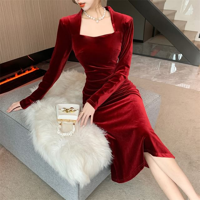 Long-Sleeve Square Neck Plain Ruched Velvet Midi Mermaid Dress SpreePicky