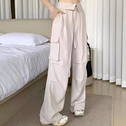 High Waist Folded Waistline Plain Pocket Straight-Fit Wide-Leg Cargo Pants SpreePicky