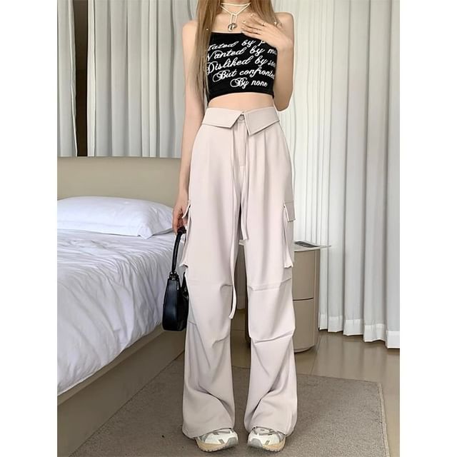 High Waist Folded Waistline Plain Pocket Straight-Fit Wide-Leg Cargo Pants SpreePicky