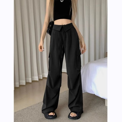 High Waist Folded Waistline Plain Pocket Straight-Fit Wide-Leg Cargo Pants SpreePicky