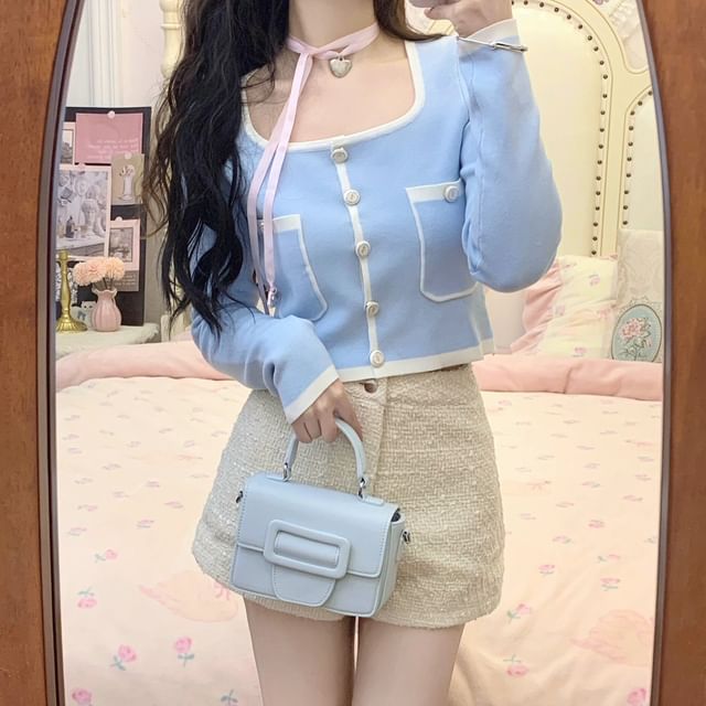 / Trim Cropped Cardigan Pants Neck High Contrast Square Waist Hot Plain FashionChic