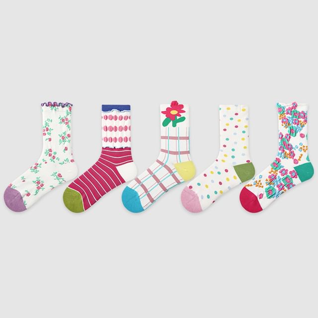 Set Of 5 Pairs: Pattern Crew Socks SpreePicky