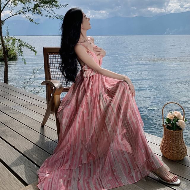 Strap Print Dress A-Line Floral Maxi V-Neck Spaghetti FashionChic