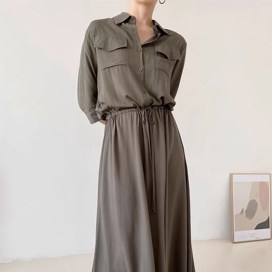 Long-Sleeve Collared Plain Drawstring Waist Maxi A-Line Shirt Dress SpreePicky