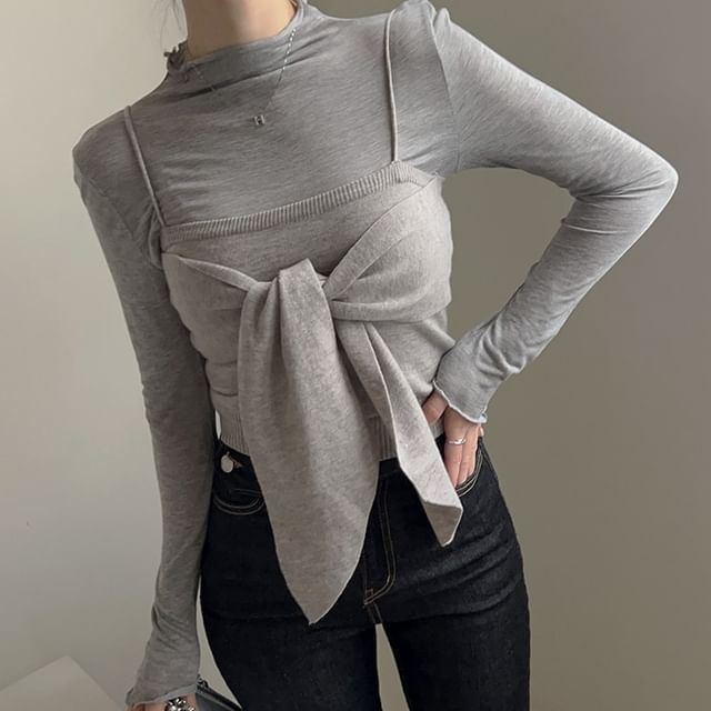 Set: Long-Sleeve Mock Neck Plain Top + Plain Bow Knit Camisole Top SpreePicky