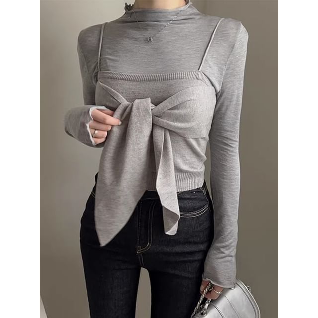 Set: Long-Sleeve Mock Neck Plain Top + Plain Bow Knit Camisole Top SpreePicky