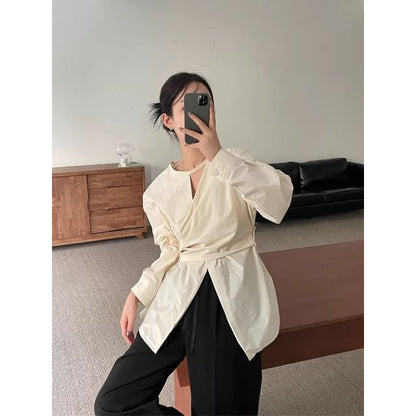 Long-Sleeve Round Neck Plain Cutout Slit Blouse SpreePicky