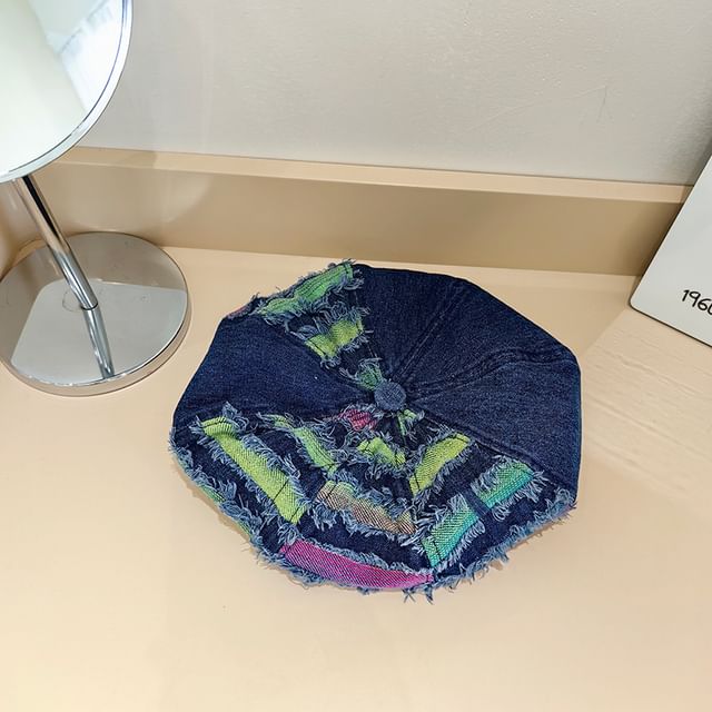 Striped Distressed Denim Beret Hat mySite