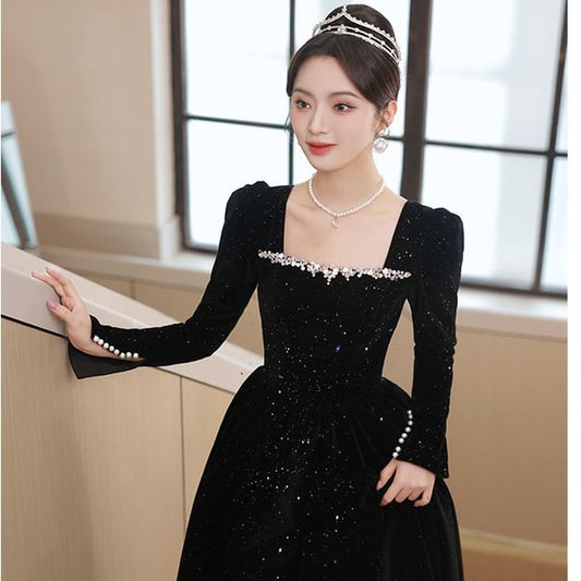 Long-Sleeve Square Neck Sequin A-Line Evening Gown SpreePicky