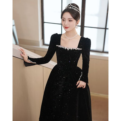 Long-Sleeve Square Neck Sequin A-Line Evening Gown SpreePicky