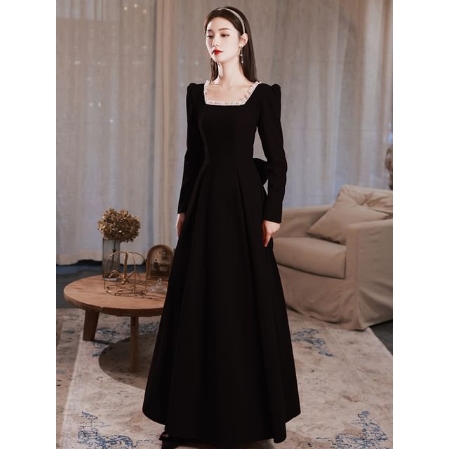 / A-Line Dress Long-Sleeve Square Neck Designs) (Various Plain Evening Gown FashionChic