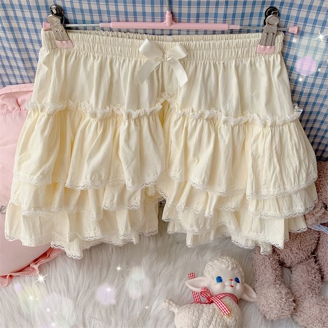 High Waist Plain Bow Accent Lace Trim Layered A-Line Skort SpreePicky