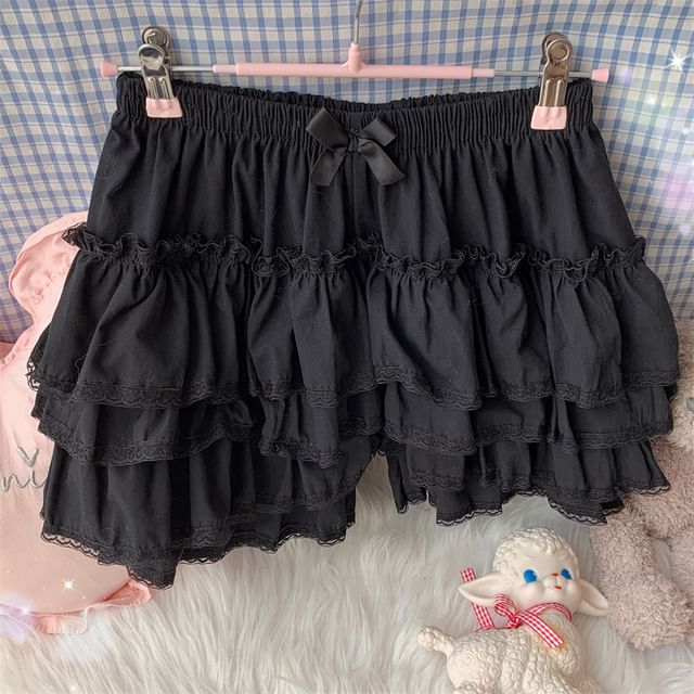 High Waist Plain Bow Accent Lace Trim Layered A-Line Skort SpreePicky