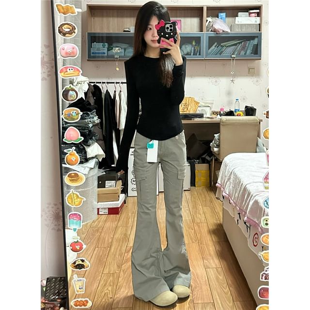 High Waist Washed Bootcut Cargo Jeans SpreePicky