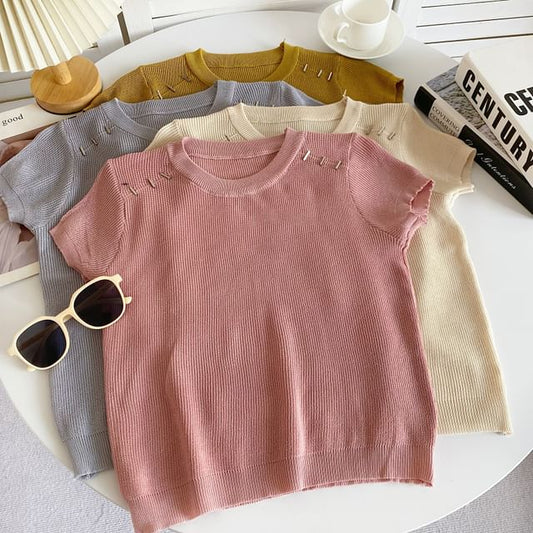 Short-Sleeve Crewneck Plain Knit Top mySite