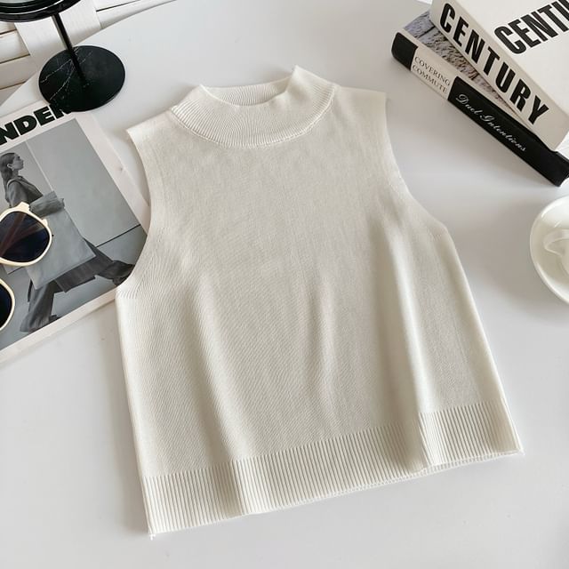 Mock Neck Plain Knit Tank Top mySite