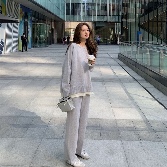 High Leg T-Shirt Set: Neck Long-Sleeve Crew Two-Tone Waist Pants + Wide FashionChic