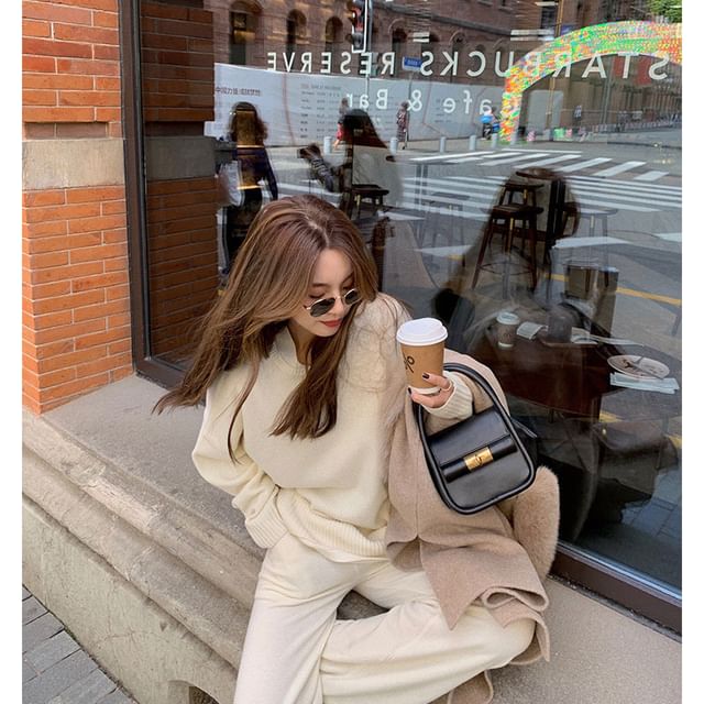 High Leg T-Shirt Set: Neck Long-Sleeve Crew Two-Tone Waist Pants + Wide FashionChic
