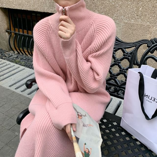 Half-Zip Long-Sleeve Midi Dress Sweater Ribbed Plain FashionChic