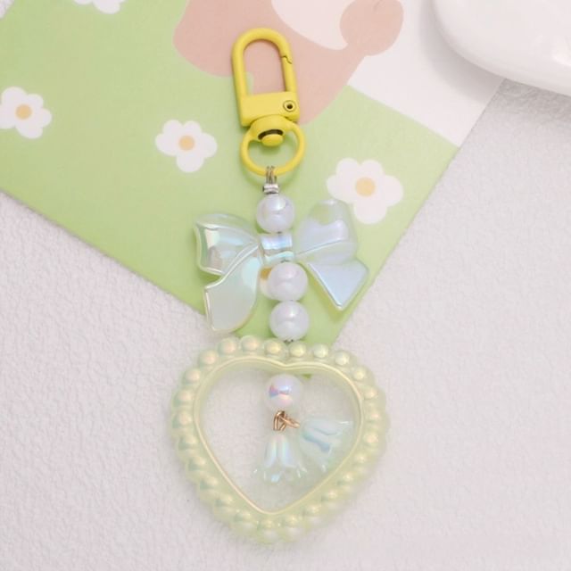 Bow Heart Faux Pearl Acrylic Bag Charm Keyring SpreePicky