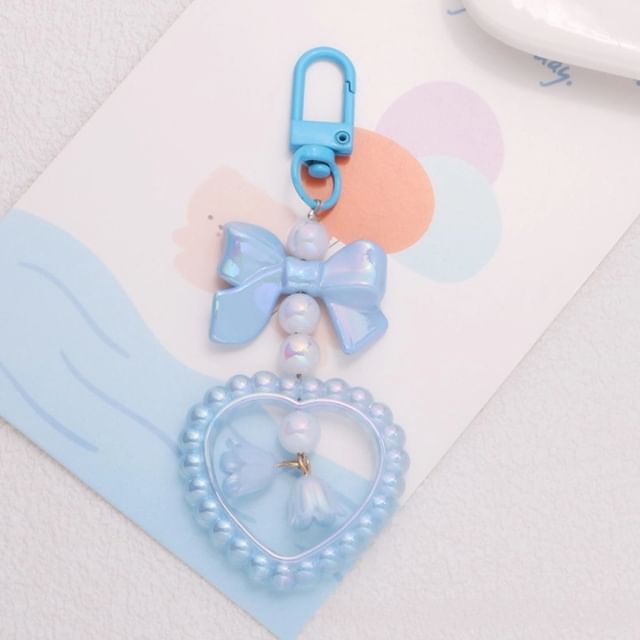 Bow Heart Faux Pearl Acrylic Bag Charm Keyring SpreePicky