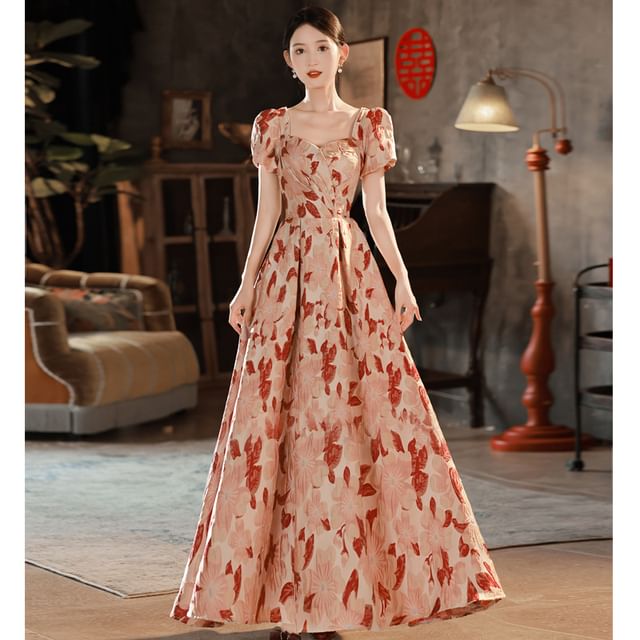 Puff Sleeve Square Neck Floral Jacquard Midi A-Line Cocktail Dress / Evening Gown SpreePicky