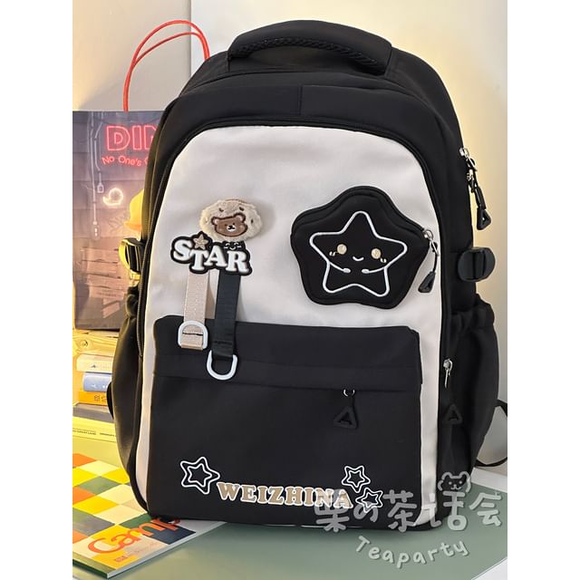 Lettering Star Embroidered Multi-Pocket Backpack / Bag Charm / Set SpreePicky