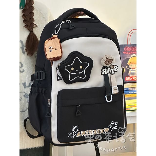 Lettering Star Embroidered Multi-Pocket Backpack / Bag Charm / Set SpreePicky