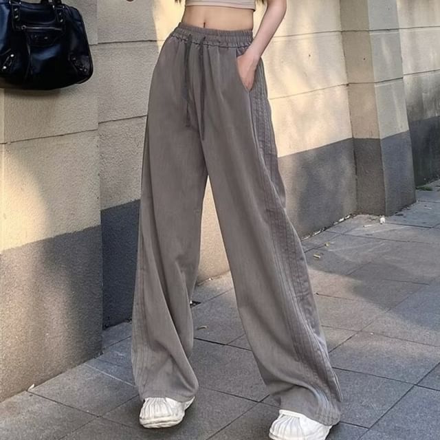 High Waist Plain Striped Loose-Fit Wide-Leg Sweatpants SpreePicky