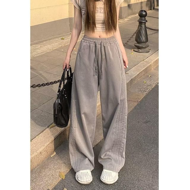 High Waist Plain Striped Loose-Fit Wide-Leg Sweatpants SpreePicky