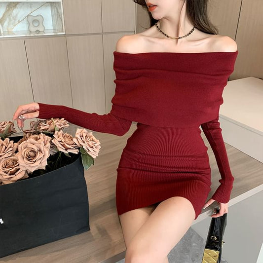 Long-Sleeve Off-Shoulder Plain Ribbed Mini Knit Sheath Dress SpreePicky